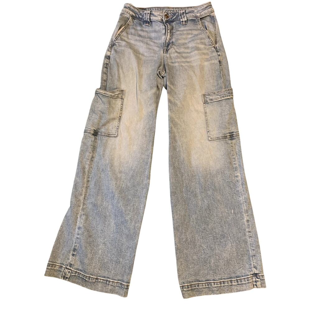 American Eagle Outfitters Women's Wide Leg Flare Cargo Jeans - Light Blue Wash